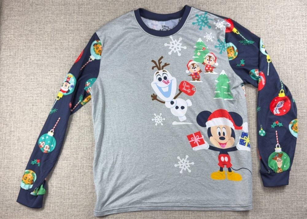 Disney 100 Christmas Pajama Top Mens L Mickey Olaf Stitch Holiday Long Sleeve